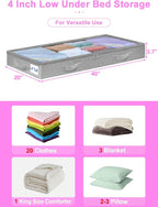 punemi Under Bed Storage Containers, Below 4 Inches Tall Low Profile Underbed Storage, NO STRUCTURE, Soft Foldable Underbed Cloth Storage Bags, Zipper Blanket Storage Container, 2Pack, 20x40x3.7in