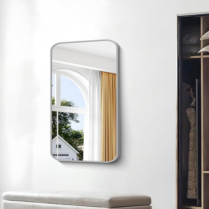 BONEWEI Silver Bathroom Mirror,24x40 inch Wall Mirror for Bathroom Wall Mounted,Rectangle Mirror for Bathroom Over Sink,Modern Frame Round Corner for Living Room,Bedroom Entryway,Horizontal/Vertical