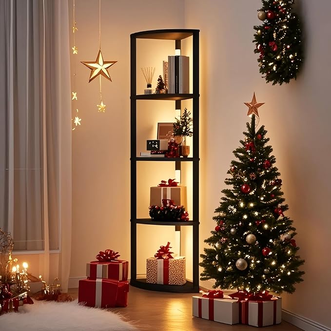 VILICK Corner Shelf with Light 5 Tier Tall Standing Shelf Dimmable Corner Floor Lamp with Shelves LED Corner Bookshelf Display Cabinet Shelf for Living Room, Bedroom, Home Decor