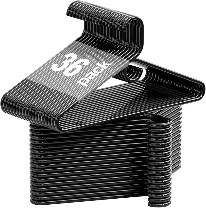Black Plastic Hangers 36 Pack, Heavy Duty Clothes Hangers for Standard Size Hangers with Center Hook & Non-Slip Pants Bar for Shirts, Pants, Coat, Dresses, Jackets, Scarves and Belts