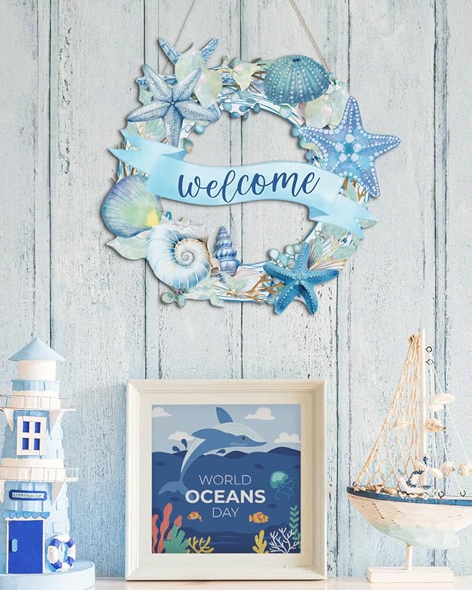Putuo Decor Beach Wreaths - Ocean Welcome Sign, Wood Material, Summer Beach Decor for Front Door, Sea Turtle Design