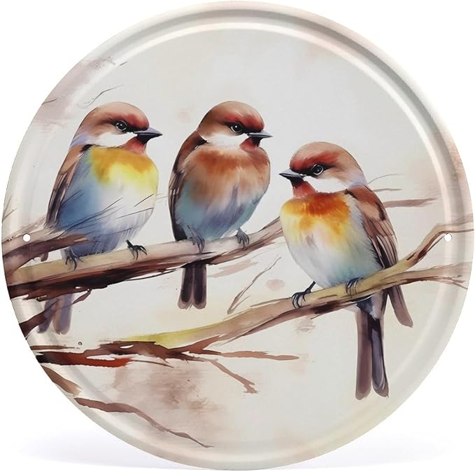 Wall Picture, with Birds Resting on Tree Branch Printed Circular Iron Hanging Picture,Wall Art Decor,Home for Bedroom Living Room Bathroom Decor,Iron Painting 11.8X11.8 in