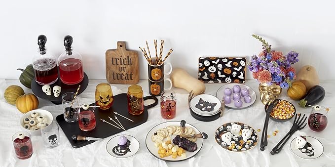 Oneida Barware, Vintro Halloween Stemless Wine Glasses, Set of 4, Dishwasher Safe, Made of Glass, Spooky Drinking Glasses Set, Halloween Decor Indoor, Skeletons and Bats as Design (4 Piece, 18 Oz)