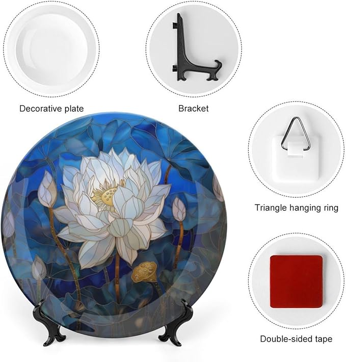 Stained Glass Theme Decorative Ceramic Plate Round Porcelain Plate,8 inch,Flowers in The Pond Pattern,for Decorative Ornaments Giving Plates, 1 Plate with 1 Display Stand,Blue White