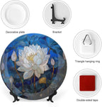 Stained Glass Theme Decorative Ceramic Plate Round Porcelain Plate,8 inch,Flowers in The Pond Pattern,for Decorative Ornaments Giving Plates, 1 Plate with 1 Display Stand,Blue White
