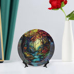 Stained Glass Theme Decorative Ceramic Plate Round Porcelain Plate,10 inch,Sunrise Forest Stream Pattern,for Decorative Ornaments Giving Plates, 1 Plate with 1 Display Stand,Multicolor