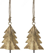 Rustic Iron Wall Accent – Set of 2 - Handmade Metal Hanging Décor with Rope - 3D Christmas Tree & Brass Hanging Bell for Indoor & Outdoor Walls (4" & 3")