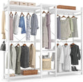 Homykic Bamboo Closet System Clothes Rack, Large Freestanding Garment Rack Clothing Rack for Hanging Clothes with 7 Storage Shelves and 5 Rods, Open Wardrobe Organizer with 4 Hooks, White