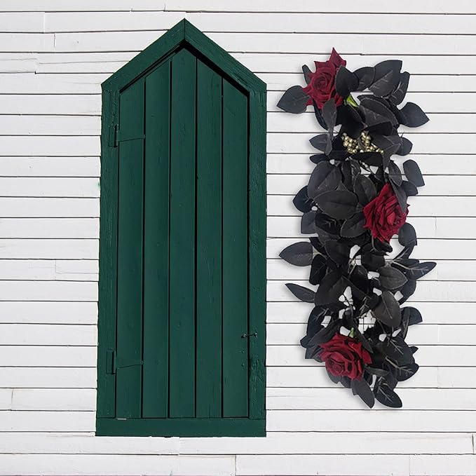 Artificial Rose Flower Swag,Artificial Sunflower Swag, 24 Inch Decorative Swag with Pumpkins Berries and Black Leaves for Halloween Home Front Door Lintel Wedding Arch Party Tabletop Wall Decor(#3)