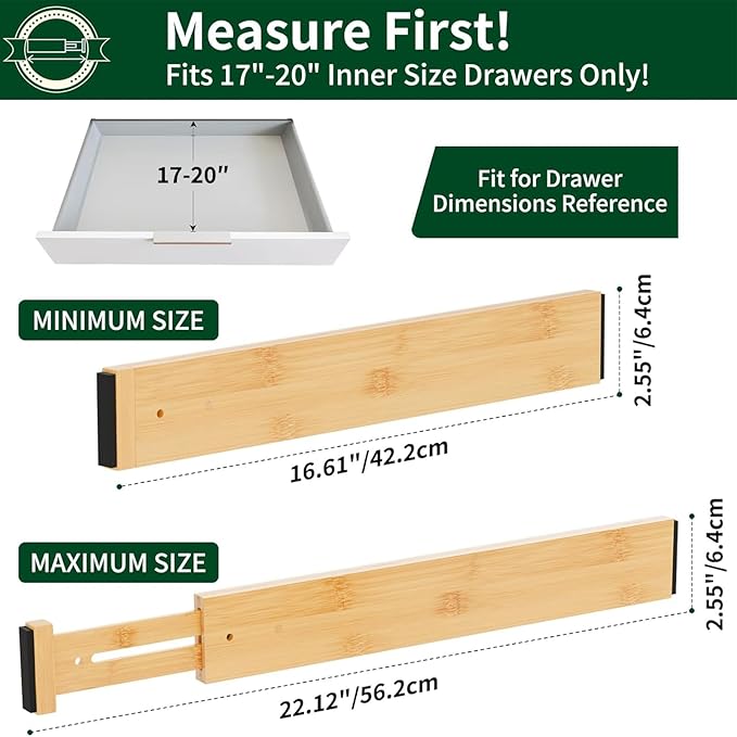 6 Pack Bamboo Drawer Dividers 2.6" High,Adjustable Spring Loaded Clothes Drawer Organizers for Kitchen, Dresser, Bathroom, Bedroom and Office