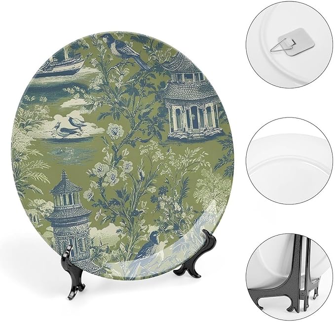 Pagoda Garden Imperial Green Plates Ceramic of 6", 7", 9", 10", Customize Asian Green Chinoiserie Ceramic Craft for Decorative Ornaments, Wall Farmhouse Decorations Wedding, Unique Art with Stand