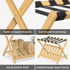2 Pack Bamboo Luggage Rack for Guest Room, 26.77" Folding Wide Suitcase Stand with Storage Shelf, Thickened Luggage Stand Holder for Bedroom Hotel, Luggage Rack for Suitcases (Natural)