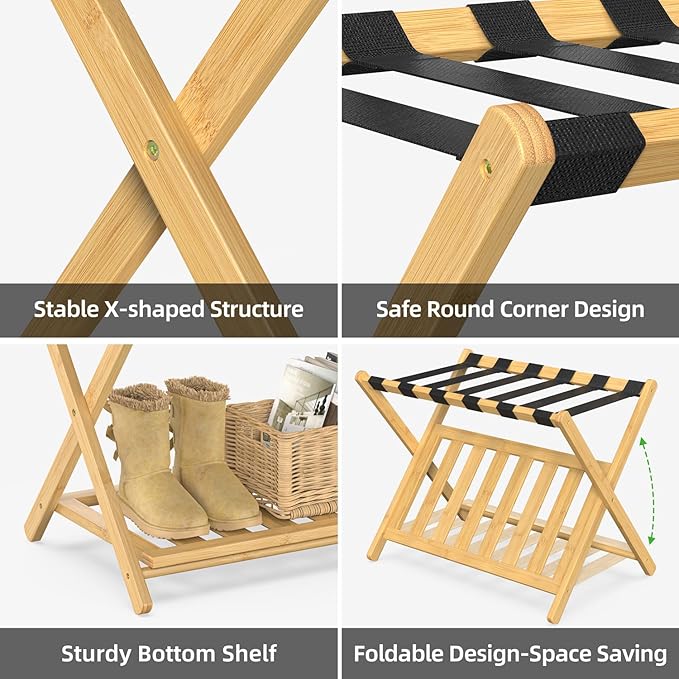 2 Pack Bamboo Luggage Rack for Guest Room, 26.77" Folding Wide Suitcase Stand with Storage Shelf, Thickened Luggage Stand Holder for Bedroom Hotel, Luggage Rack for Suitcases (Natural)