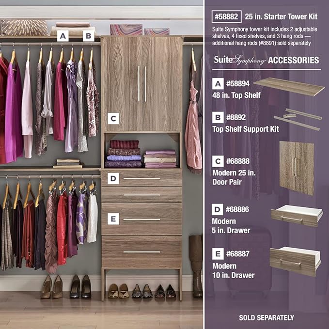 ClosetMaid SuiteSymphony Wood Closet Organizer Starter Kit with Tower and 3 Hang Rods, Shelves, Adjustable, Fits Spaces 5 – 10 ft. Wide, Natural Gray