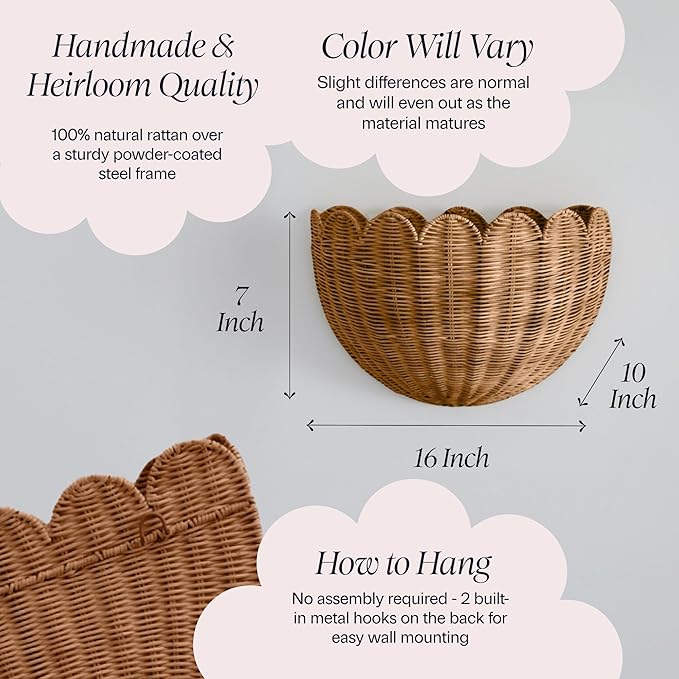 BEBE BASK Scalloped Wicker Hanging Basket - The Original Wicker Wall Decor - Hand Woven Wall Basket - Home Décor Wall Hanging Basket - Wall Storage Basket for Nursery, Living Room and Bathroom (Mocca)