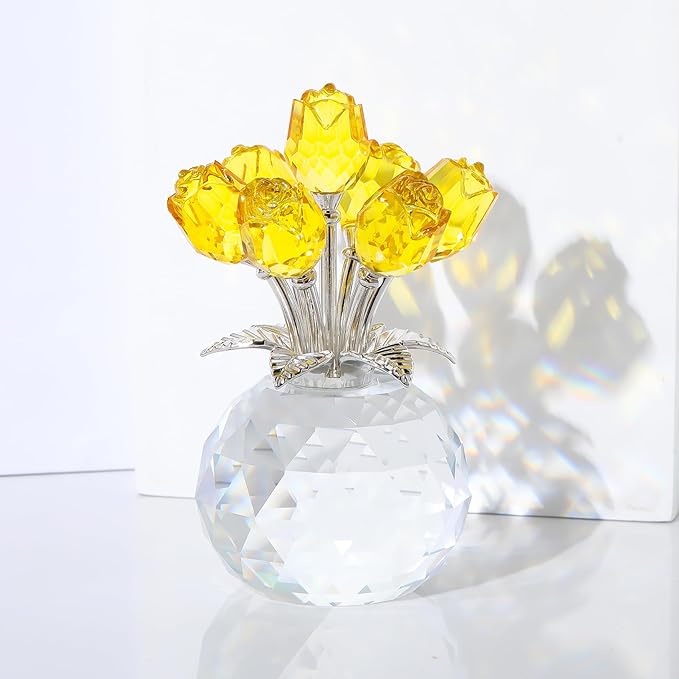 Arikyrist Crystal Yellow Rose Bouquet Figurine with Round Vase Gifts for Her, Glass Rose Flower Romantic Keepsakes for Women Mom on Christmas, Collectible Decoration Table Centerpiece for Home