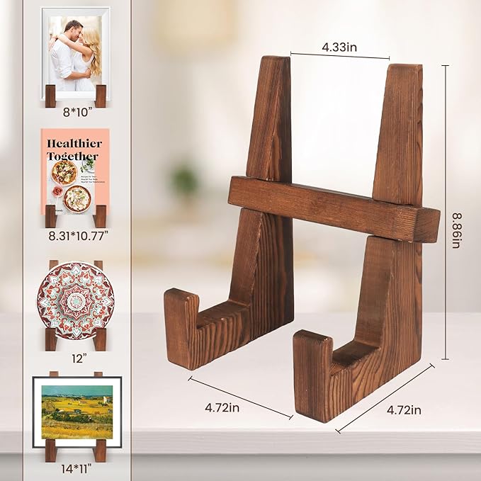 DEBETOOL Wooden Plate Stand - 8.8inch Wood Plate Holder Stand for Display, Rustic Wooden Picture Frame Holder Stand, Decorative Table Top Easels for Display