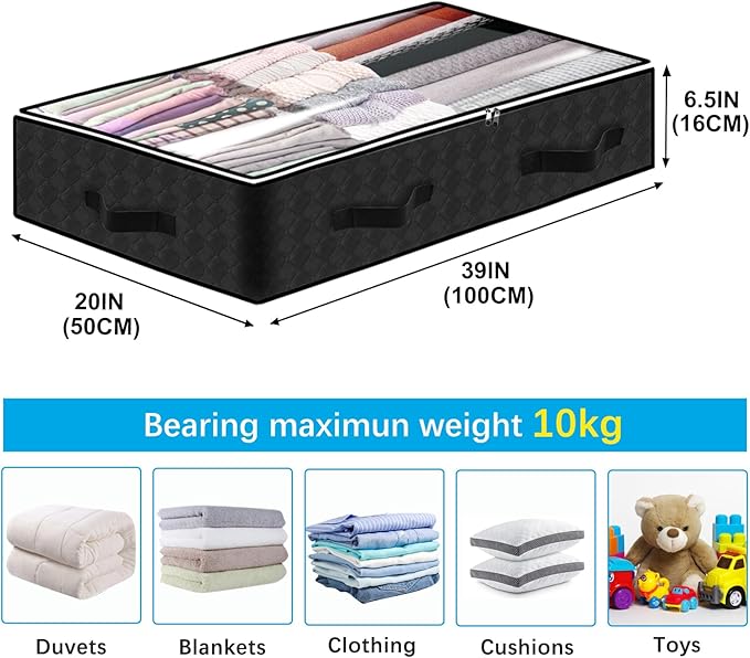 6 Pack Under bed Storage Containers, 90L Large Capacity Bedroom Closet Organizers and Storage Bins Foldable Underbed Storage Bags for Clothes, Blanket, Towels, Comforter, Sweaters, Linen Sheet Black