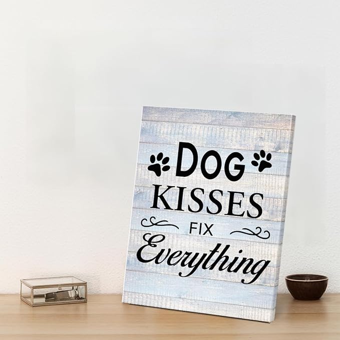 Funny Farmhouse Dog Canvas Wall Art Decor Dog Kisses Fix Everything Rustic Sign Painting Plaque Vintage Animal Pictures Print Home Decoration (11.5 X 15 Inches, Framed)