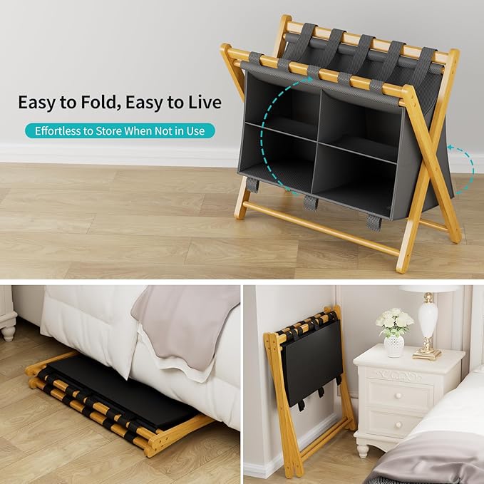 Natural Bamboo Luggage Rack with 4 Storage Compartments ，Foldable Suitcase Stand, Luggage Rack for Guest Room , 150lbs Capacity, Sturdy,