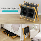 Folding Luggage Rack, 2-Pack Natural Bamboo Suitcase Stands with 4 Storage Compartments , Sturdy Luggage Holders for Guest Room, Bedroom, Hotel