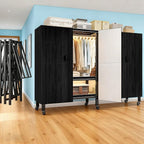 Heavy Duty Portable Closet with Cover Magnetic Doors, Metal Rolling Clothes Rack Heavy Duty 1500LBS, Foldable Clothing Rack, Garment Racks for Bedroom/ LivingRoom/ Rental (KT Woodgrain Black, 66.14in)