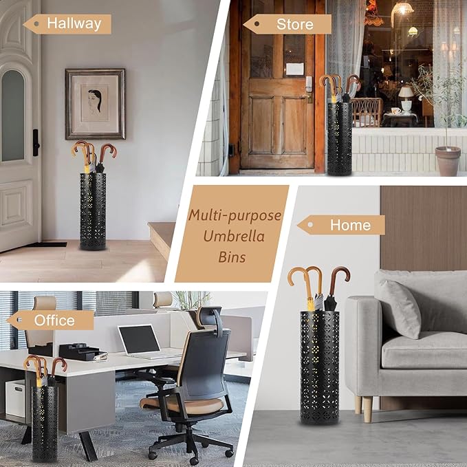 Umbrella Stand for Entryway, Metal Umbrella Holder, Freestanding Umbrella Stand Round Umbrella Holder Bin Waterproof Umbrella Storage Rack Indoor Walking Stick Holder for Home Entryway(15*42cm,Black)