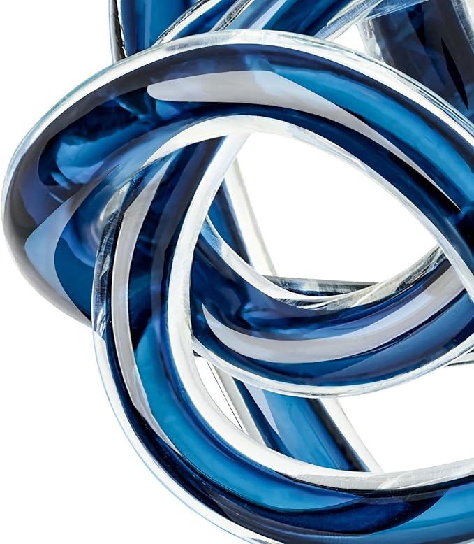 Torre & Tagus Orbit Hand Blown Glass Infinity Knot Sculpture - 4.5 Inch Glass Art Blue Knot Decor Ball for Home Decor, Small Centerpiece Table Decoration for Home Interior (Indigo Blue)