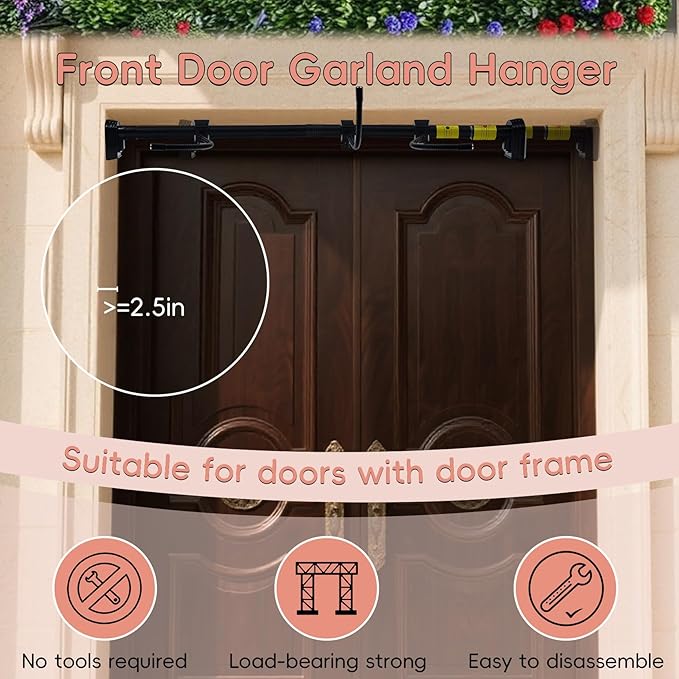 Front Door Garland Hanger Suitable for 32"-80" Width Doors, Tool-Free Non-Destructive Adjustable Hanger for Valentine's Day Wreaths, Heart Decorations, String Lights