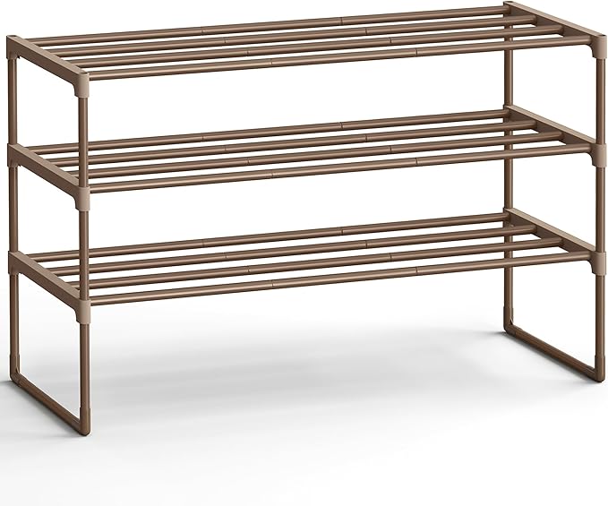 SONGMICS Shoe Rack, 3-Tier Shoe Organizer, Metal Storage Shelf, Upright or Upside Down, for 16-20 Pairs, Stackable, for Entryway, 11.8 x 36.2 x 21.7 Inches, Walnut Brown ULSA303K01