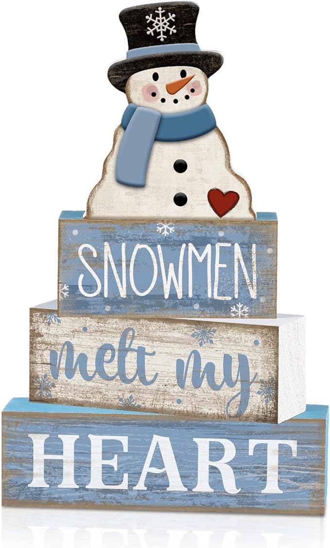 Moucuny 4 Pcs Winter Table Decorations Blue and White Snowman Decor Winter Tiered Tray Decor Valentines Day Centerpiece Rustic Decorative Hat Snowman Block Signs Gift Farmhouse for Home Kitchen Shelf