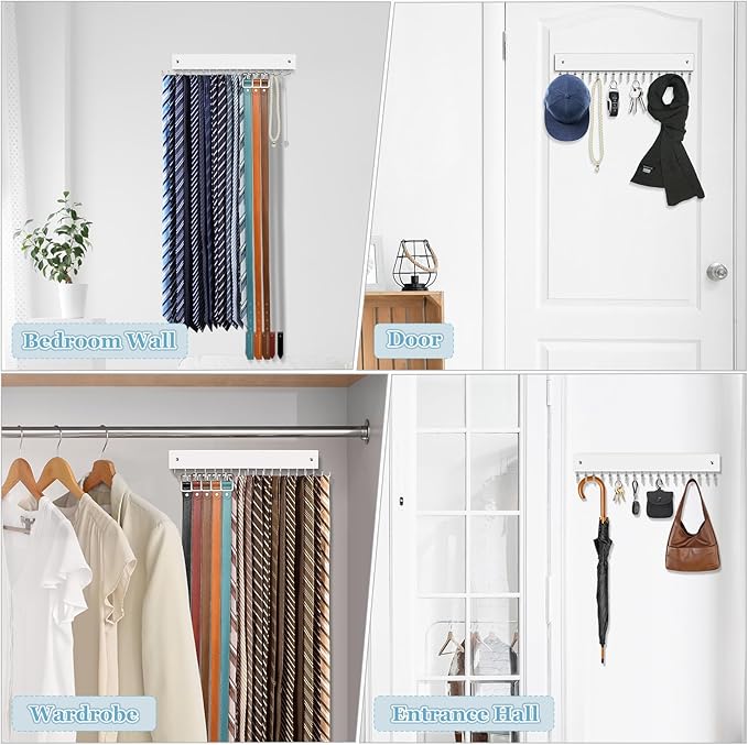 Tie Rack Belt Hanger Wall Mounted, Lomrsiul Non Slip 180 Degree Rotating Tie Organizer for Men Closet with 18 Hooks Closet Organizers and Storage for Tie Belt Necklace Purse Scarf Bag White 2 Pack