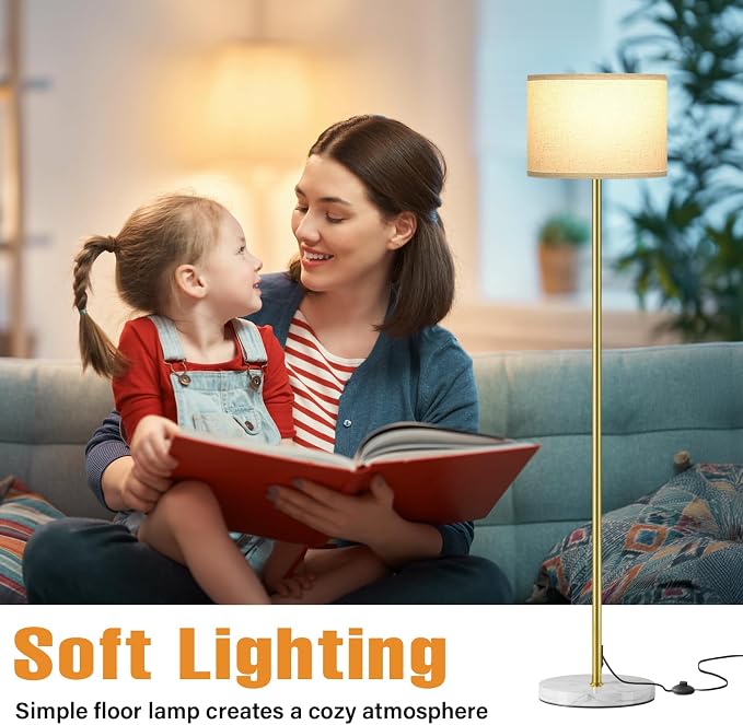 Ambimall 60'' Modern Floor Lamp with Shade, Tall Lamps for Living Room, Bedroom, Office, Dining Room, Gold Standing Lamp with Marble Base(Without Bulb)
