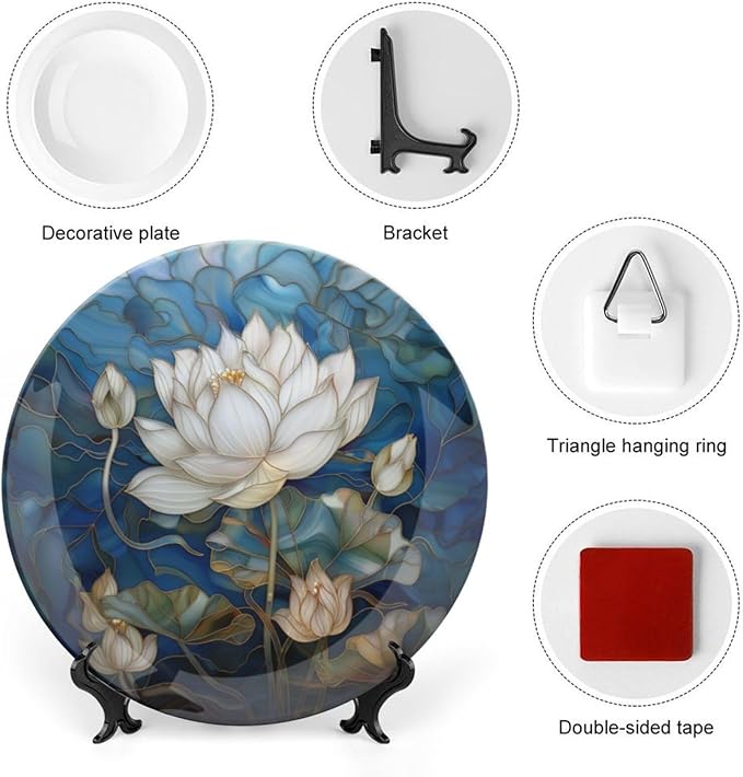 Stained Glass Theme Decorative Ceramic Plate Round Porcelain Plate,8 inch,Flowers in The Pond Pattern,for Decorative Ornaments Giving Plates, 1 Plate with 1 Display Stand,Blue White