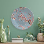 Japanese Spring Theme Decorative Ceramic Plate Round Porcelain Plate,Sakura Tree Branches Pattern,for Decorative Ornaments Giving Plates, 1 Plate with 1 Display Stand,Blue Pink,7 inch