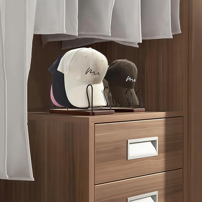Hat Organizer -2 PacK | Wood & Metal Hat Rack Holds 14 Caps | Space-Saving Closet Shelf Organizer for Bedroom, Dresser, Entryway
