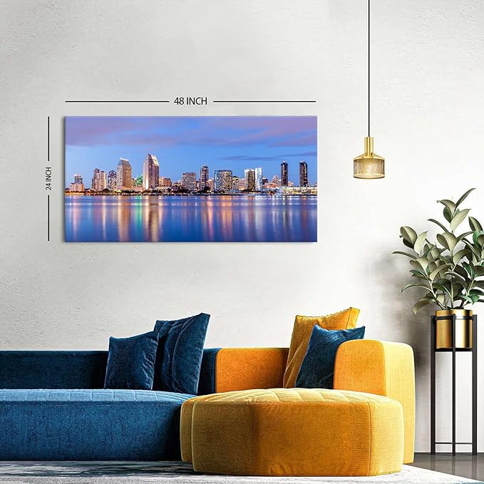 San Diego City Wall Art USA Cityscape Wall Decor Sunset San Diego Skyline Canvas Prints Picture California Night View Painting Poster Modern Artwork for Bedroom Living Room Home Decorations 24x48”