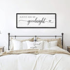 Always Kiss Me Goodnight Wall Sign Above Bed 41.3''×15'' Large Farmhouse Wall Decor for Bedroom Couples Room Decor Framed Wood Wall Art Rustic Master Bedroom Wall Decoration (black frame)