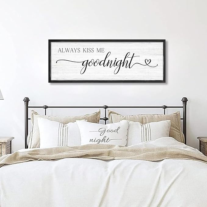 Always Kiss Me Goodnight Wall Sign Above Bed 41.3''×15'' Large Farmhouse Wall Decor for Bedroom Couples Room Decor Framed Wood Wall Art Rustic Master Bedroom Wall Decoration (black frame)