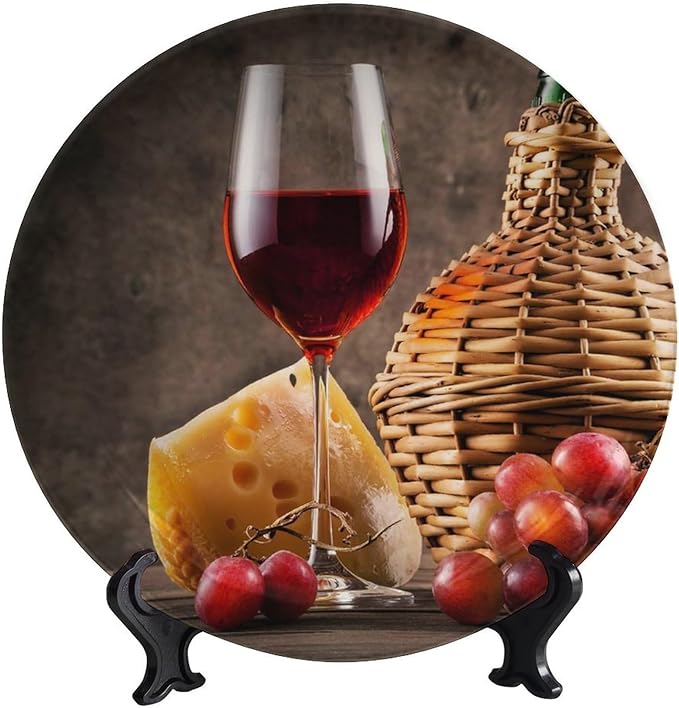 WineDecorative Plate Holder, 6 Inch, Cheese Grapes and Wineort Round Display Plate, Home Wobble-Plate with Display Stand, Ceramic Craft for Wall Hanging Decorative