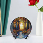 Stained Glass Theme Decorative Ceramic Plate Round Porcelain Plate,6 inch,Sunset Forest Stream Pattern,for Decorative Ornaments Giving Plates, 1 Plate with 1 Display Stand,Orange Blue