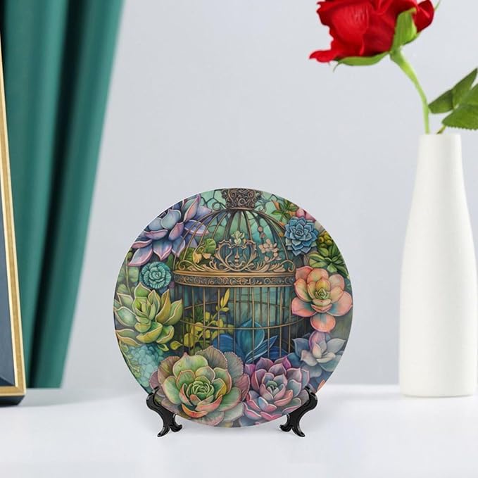Garden Scenery Theme Decorative Ceramic Plate Round Porcelain Plate,Succulents and Bird Cage Pattern,for Decorative Ornaments Giving Plates, 1 Plate with 1 Display Stand,Green,7 inch