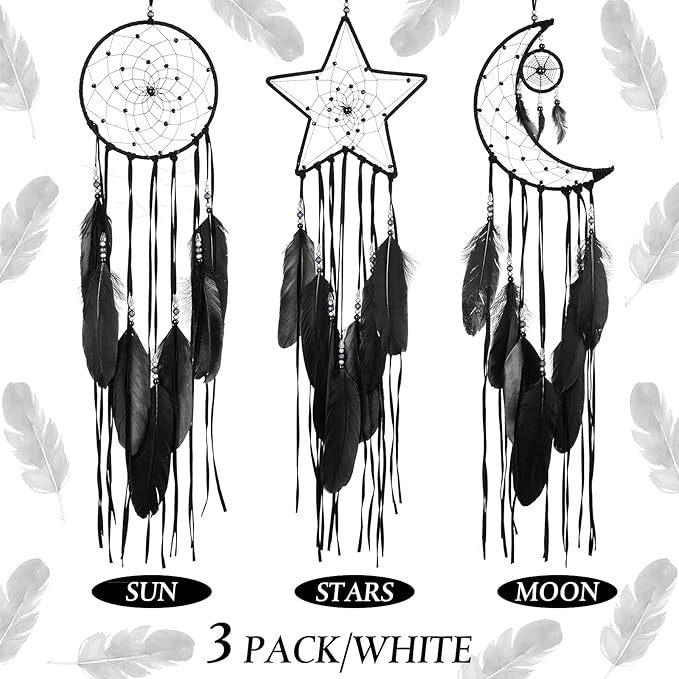 Jetec 3 Pcs Dream Catcher Moon Sun Star Design Handmade Traditional Craft Ornament Wall Art Hanging Home Decoration for Bedroom Room Decor Wedding Halloween Christmas Decorations Gift(Black)
