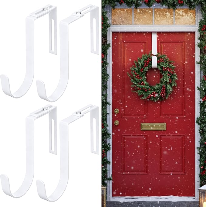 LEIFIDE 4 Pcs Width Adjustable Wreath Hanger for Front Door 1.5-3.78" Large Over the Door 4th of July Decoration Hook 20 Lbs Capacity(White)