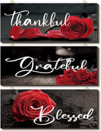 Hillban 3 Pieces Rose Wooden Wall Decor Rose Bathroom Decor Thankful Grateful Blessed Accessories Inspirational Wall Art Signs for Living Room Kitchen Wedding(16 x 6 Inch,Red)