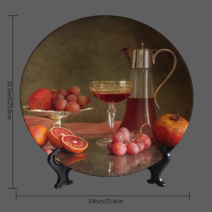Decorative Ceramic Plates, 10 Inch, Blood Orange Grape Pomegranate Cider Round Display Plate, Home Wobble-Plate with Display Stand, Ceramic Craft for Wall Hanging Decorative