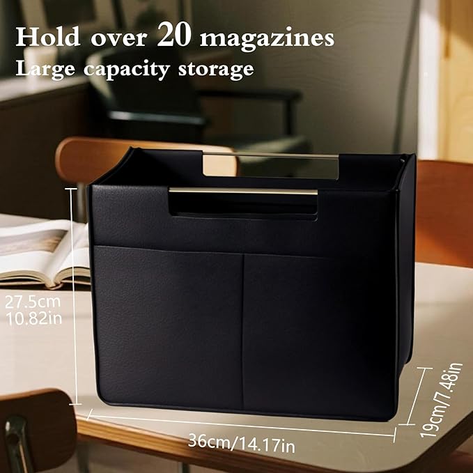 Leather Magazine Holder Foldable with Handles，Stable Magazine Rack Floor，Magazine Basket File Holder Storage，Document File Folder Organizer Free Standing for Office Living Room (black)