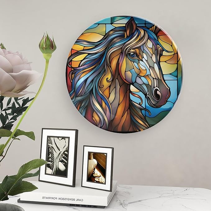 Decorative Plates for Home Decor, Horse Abstract Stained Glass Painting Decor Tray for Table Display, Ceramic Dinner Plate W/Stand, Living Room Dining Room Decor, Gifts for Horse Lover, 8 Inch