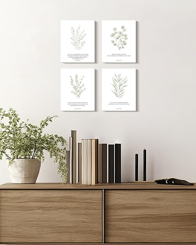 Drsoum Bible Verses Inspirational Scripture Framed Wall Art Botanical Plant Motivational Christian Decor for Bathroom Sage Green Eucalyptus Leaf Prints Ready to Hang 8x10inx4pcs (Framed)