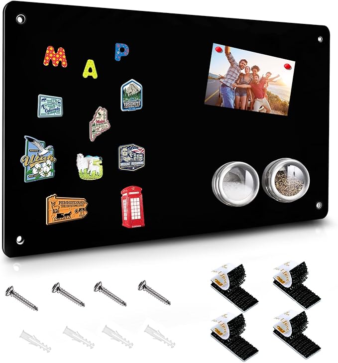 Black Magnetic Board,17.5" x 11.4" Magnet Bulletin Board to Display Magnetic Notes, Poetry, Photos, Suitable for Wall, Refrigerator, Cabinet etc, Come with 4 Pcs Dual Lock Tape and Screws